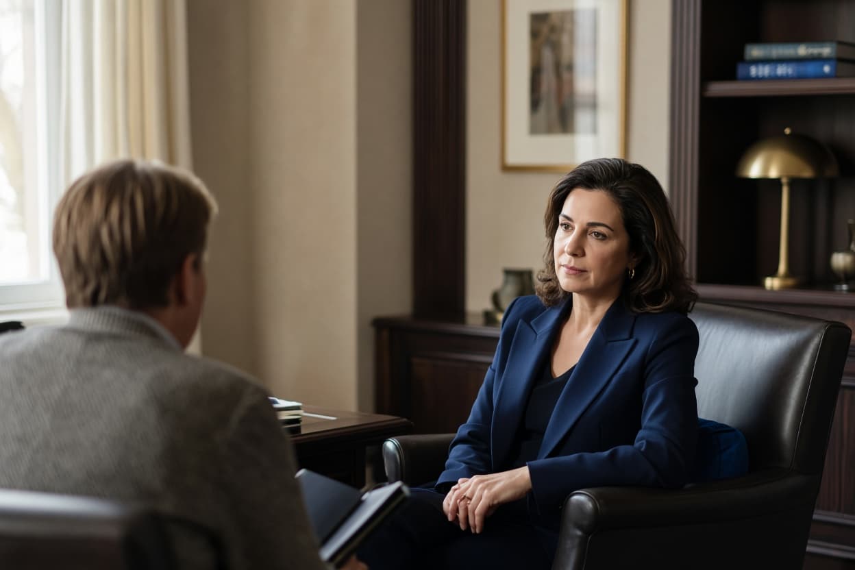 A woman executive in a confidential one-to-one coaching conversation in a private office