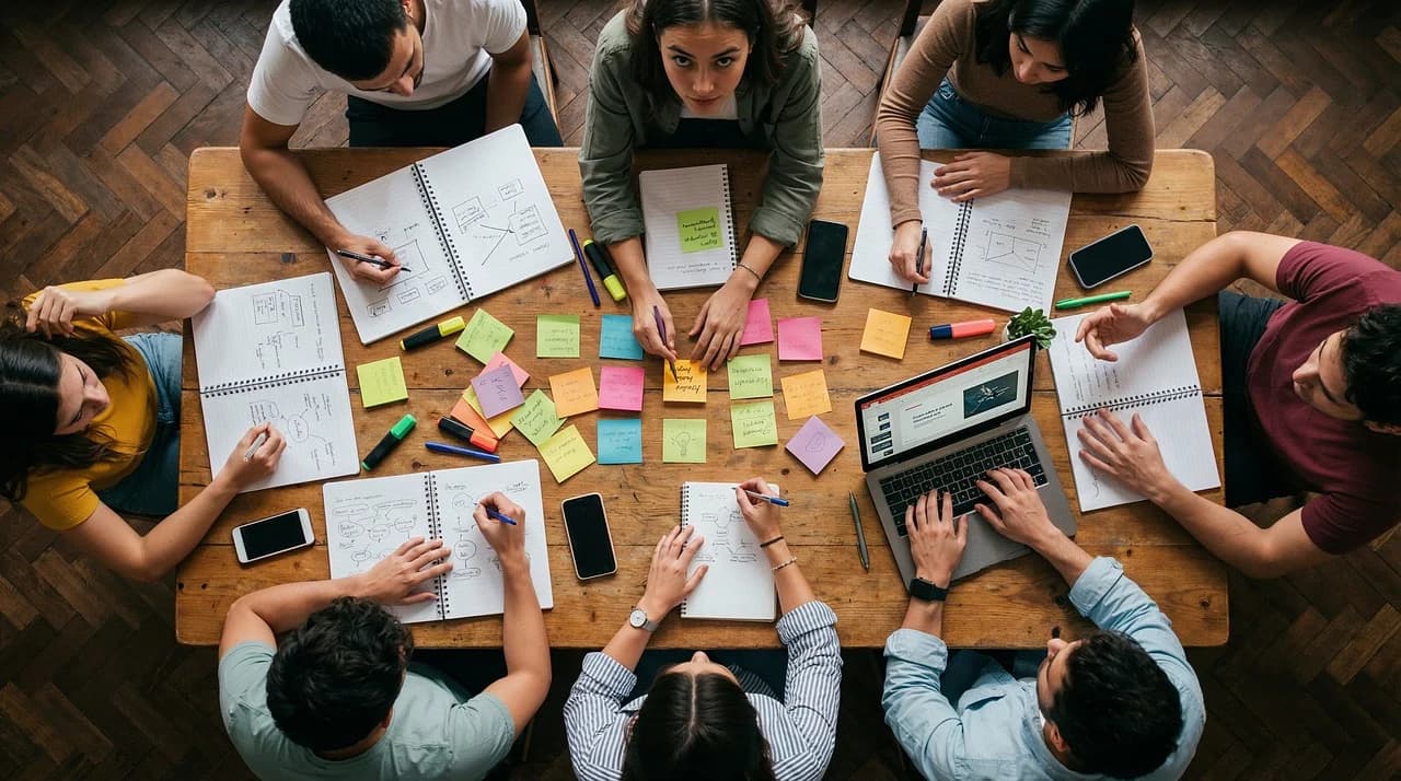Leadership team mapping strategy around a shared table