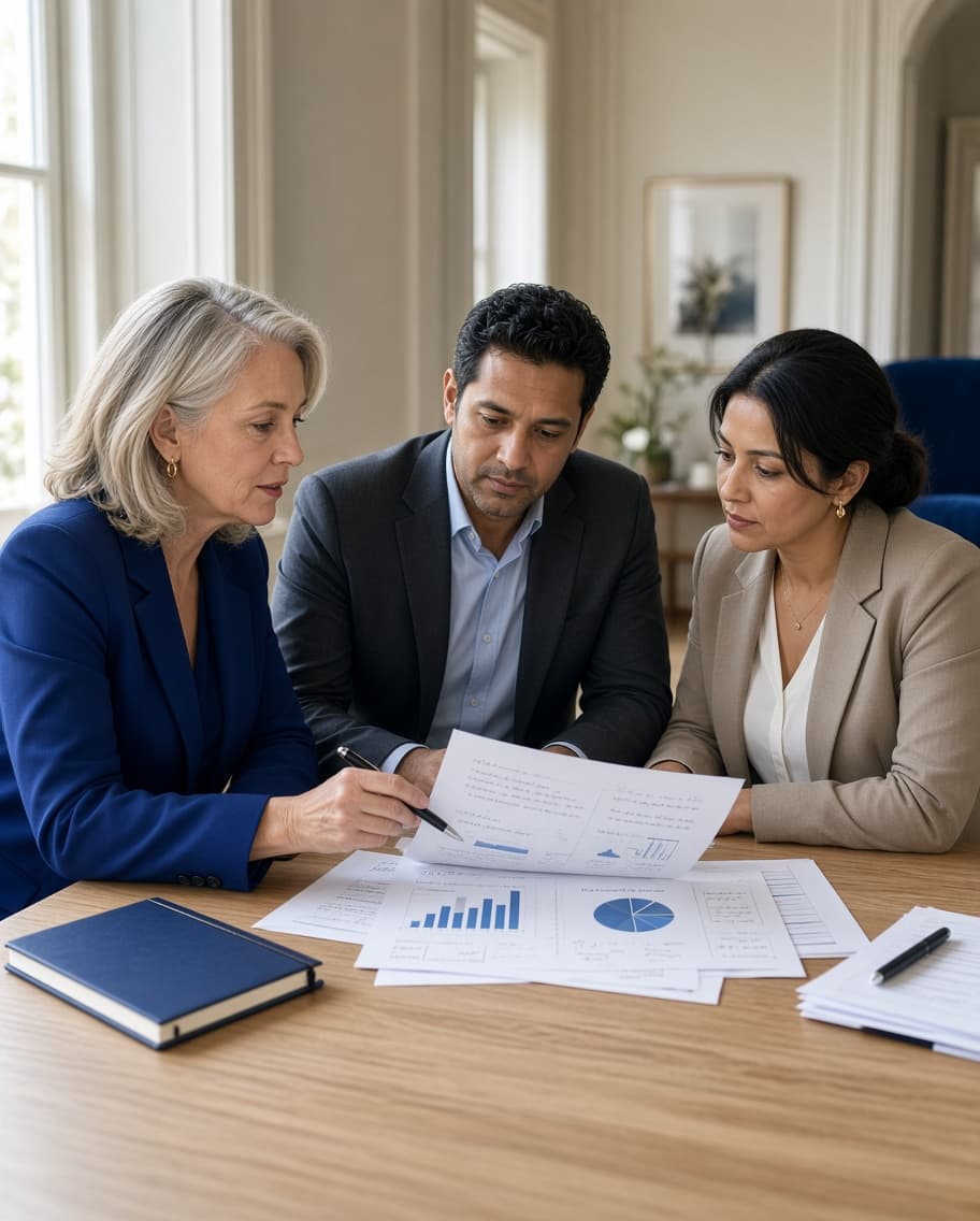 A consultant and two executives reviewing a paper diagnostic snapshot together in a private office